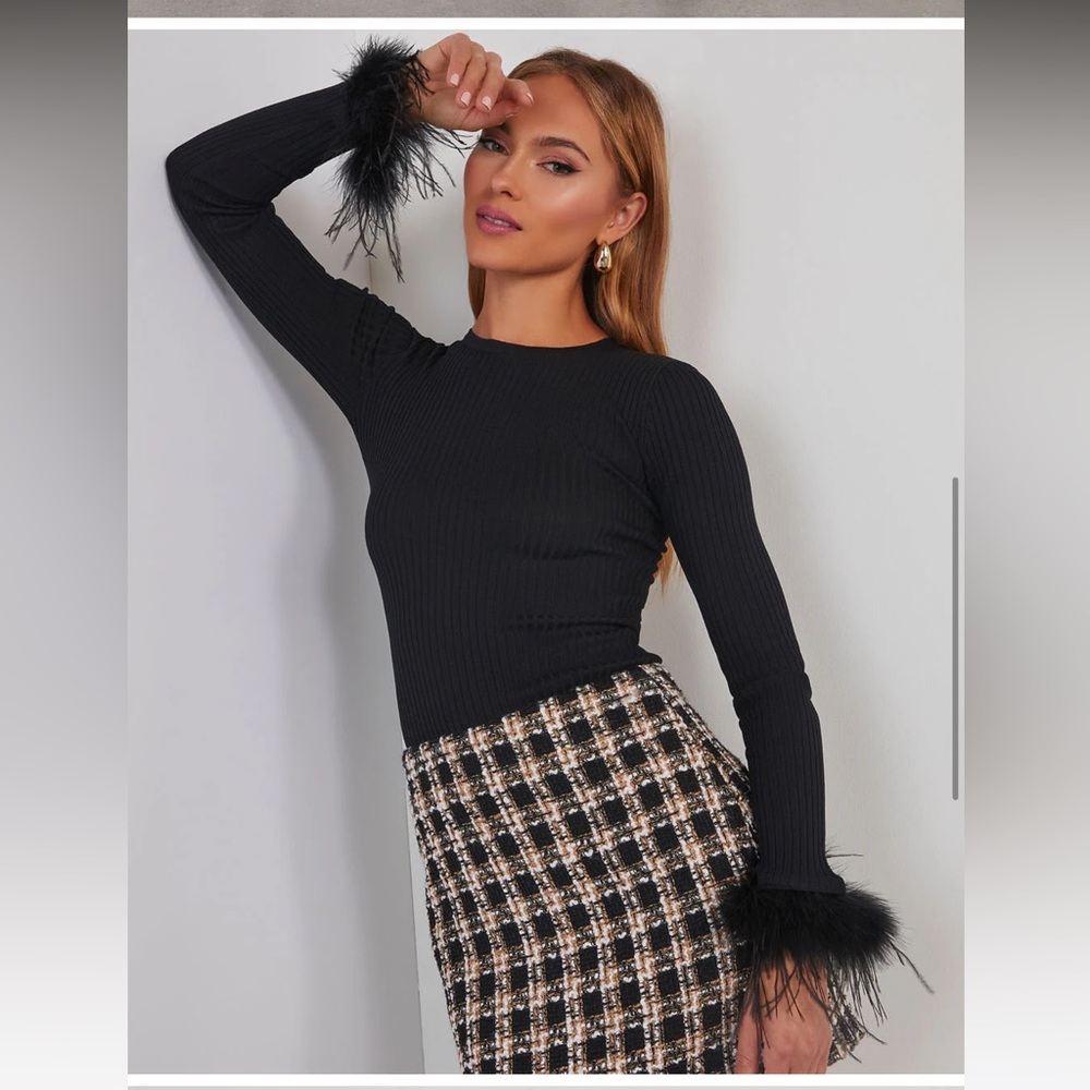 VICI felicity long sleeve feather trim top